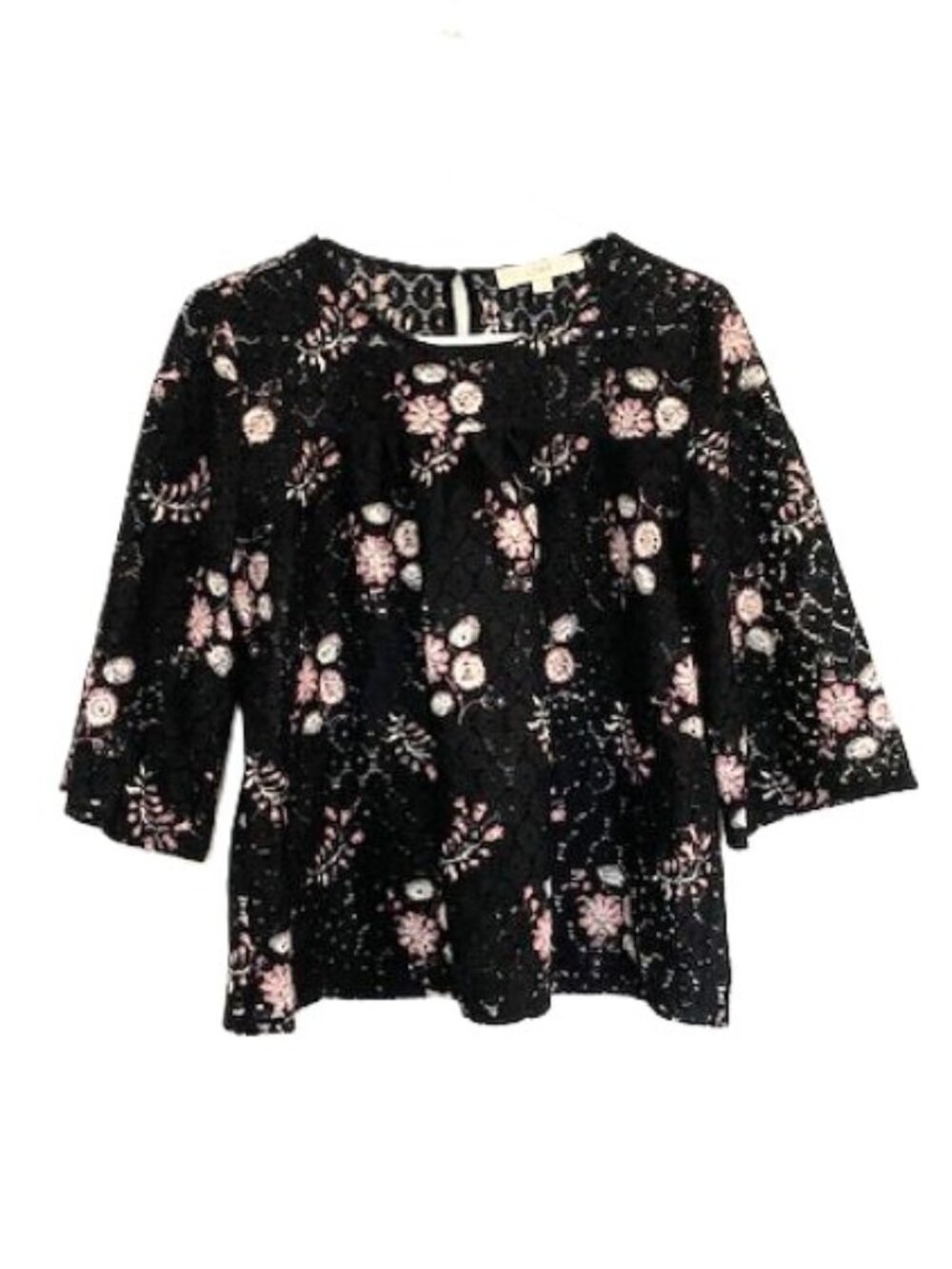 Loft Black Eyelet Lace Floral Top with 3/4 Sleeves